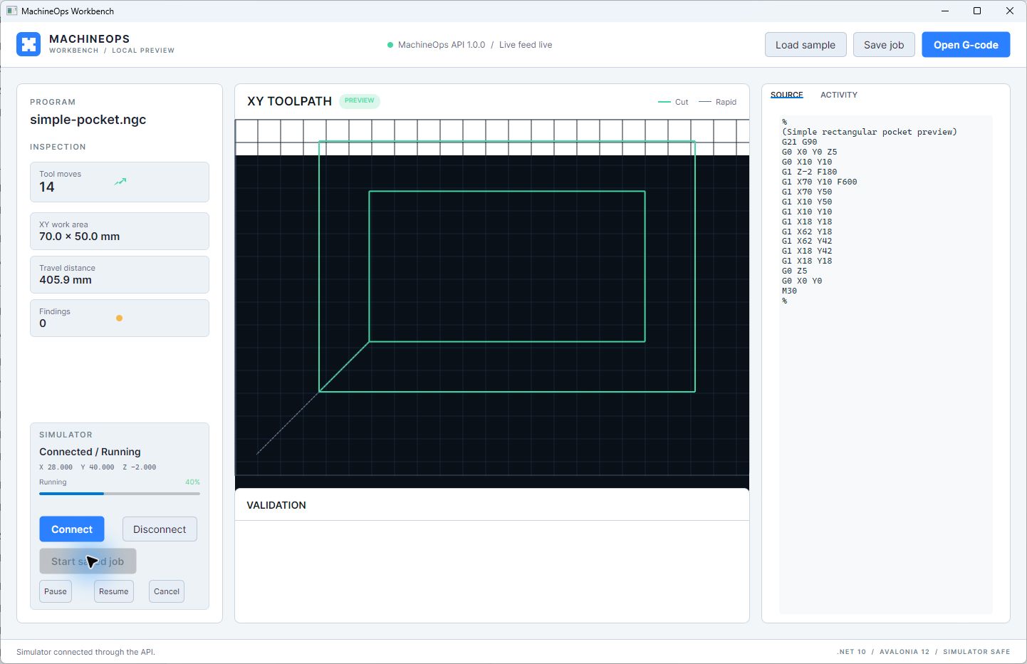 MachineOps Workbench running a G-code job with a live XY toolpath and simulator status